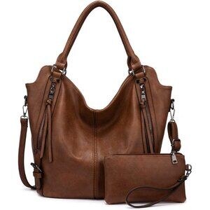 Women's Brown Large PU Leather Tote Bag - Fashion Hobo Purse w/Strap